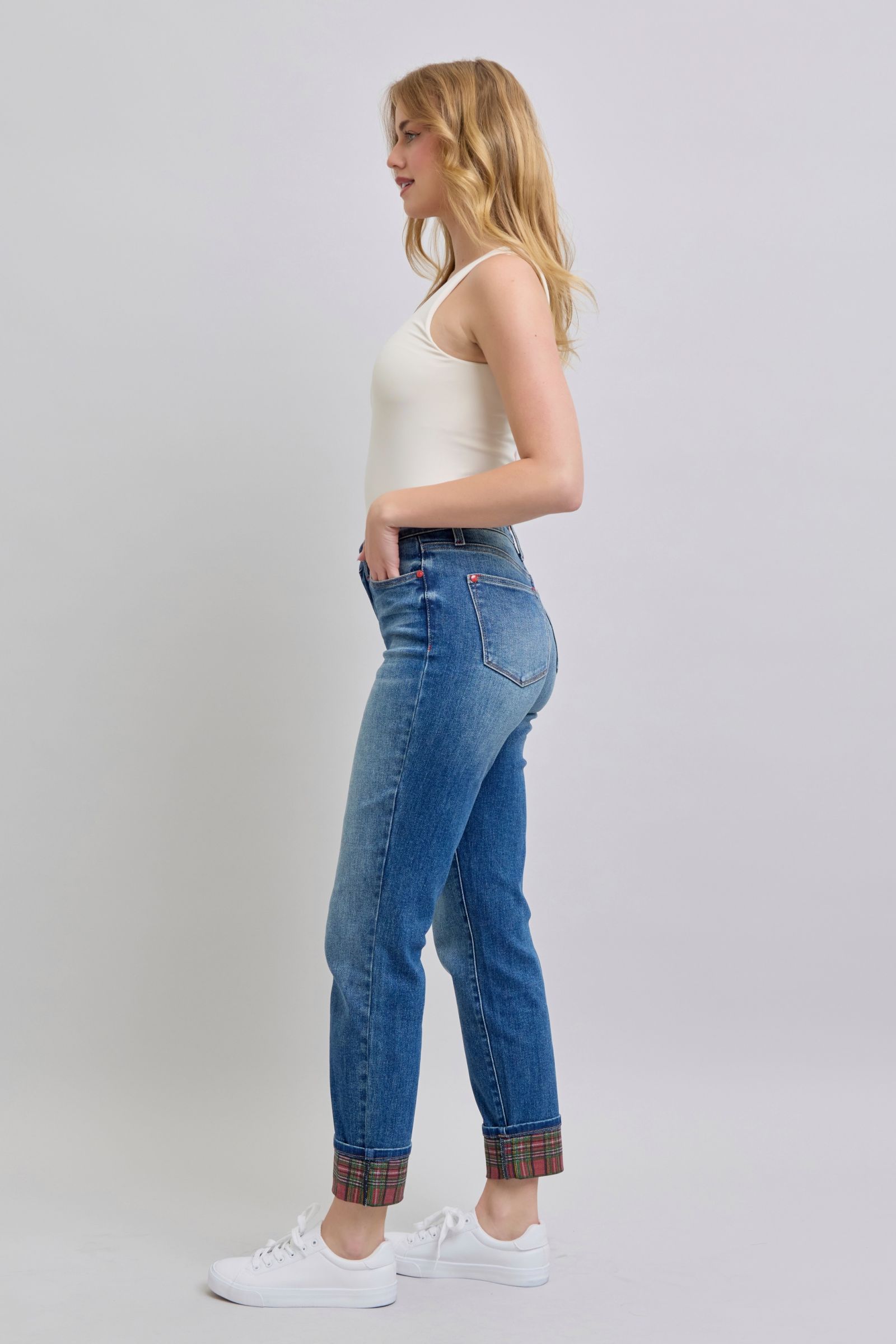 Judy Blue Plaid Print Cuff Boyfriend Fit Jeans-Trendsi-[option4]-[option5]-[option6]-[option7]-[option8]-Shop-Boutique-Clothing-for-Women-Online