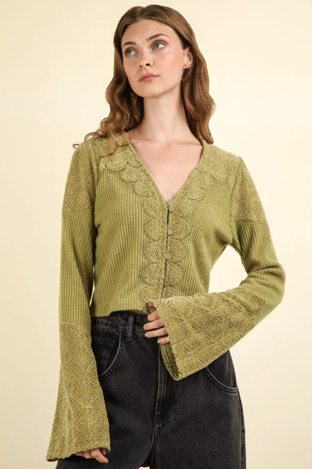 VERY J V-Neck Lace Detail Button Down Crop Ribbed Knit Top-Crop Tops-Trendsi-[option4]-[option5]-[option6]-[option7]-[option8]-Shop-Boutique-Clothing-for-Women-Online