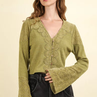 VERY J V-Neck Lace Detail Button Down Crop Ribbed Knit Top-Crop Tops-Trendsi-[option4]-[option5]-[option6]-[option7]-[option8]-Shop-Boutique-Clothing-for-Women-Online