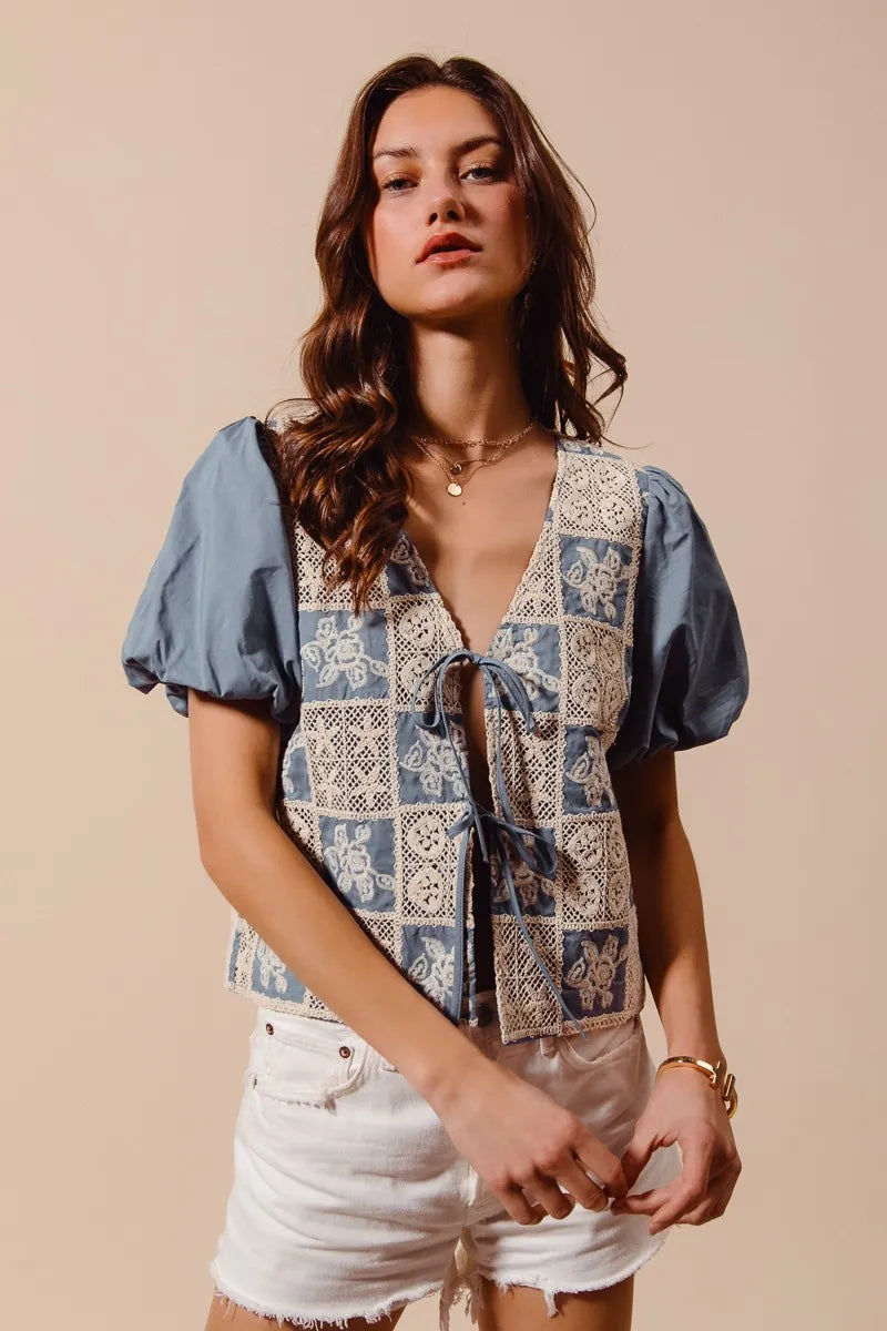SO ME Crochet Lace Tie Front V Neck Blouse Top-Blouses-Trendsi-DENIM BLUE-S-[option4]-[option5]-[option6]-[option7]-[option8]-Shop-Boutique-Clothing-for-Women-Online