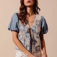 SO ME Crochet Lace Tie Front V Neck Blouse Top-Blouses-Trendsi-DENIM BLUE-S-[option4]-[option5]-[option6]-[option7]-[option8]-Shop-Boutique-Clothing-for-Women-Online