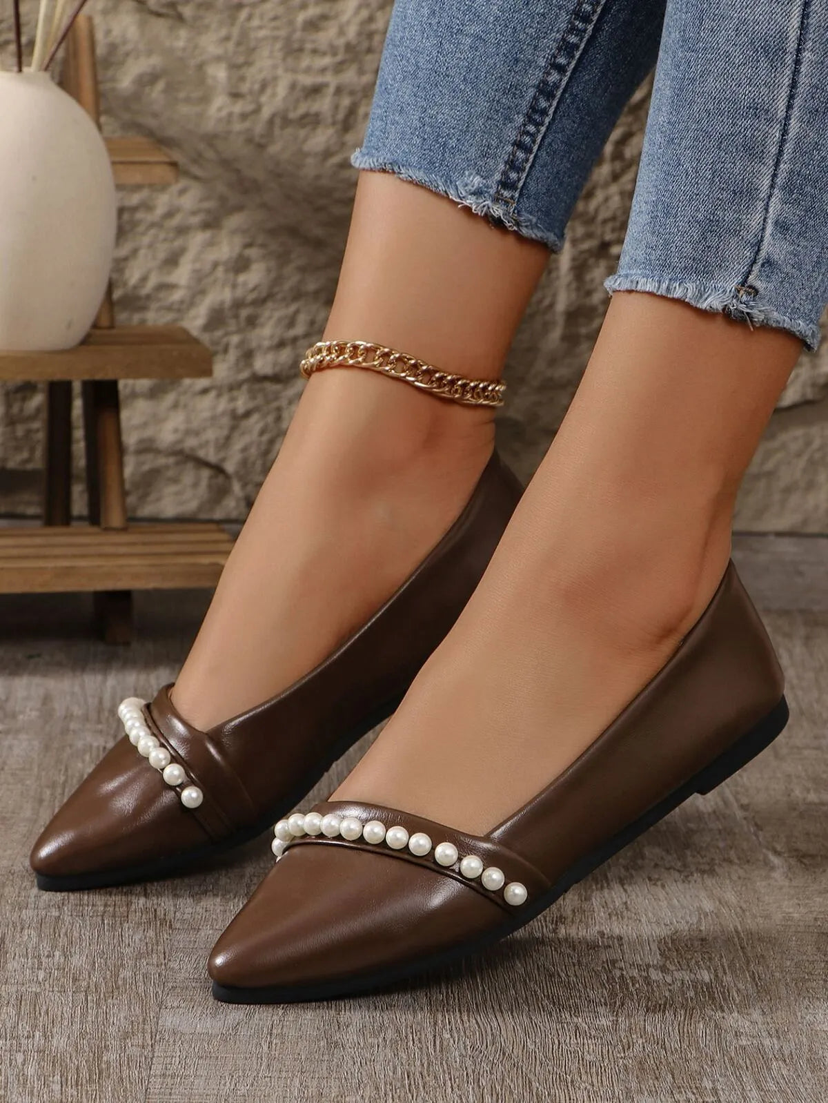 Pearl Embellished Pointed Toe Loafers-135 Flats-Trendsi-Brown-36-[option4]-[option5]-[option6]-[option7]-[option8]-Shop-Boutique-Clothing-for-Women-Online