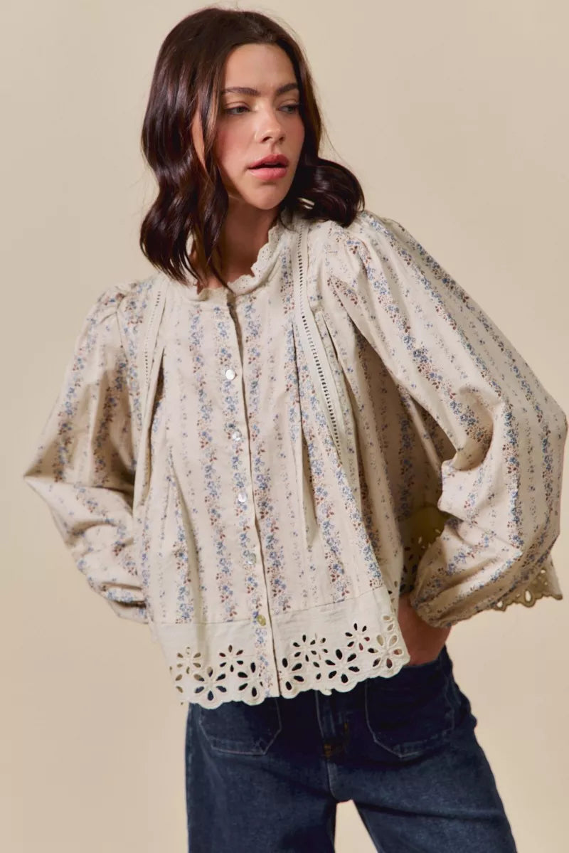 SO ME Floral Print Lace Button Down Shirt-Blouses-Trendsi-[option4]-[option5]-[option6]-[option7]-[option8]-Shop-Boutique-Clothing-for-Women-Online