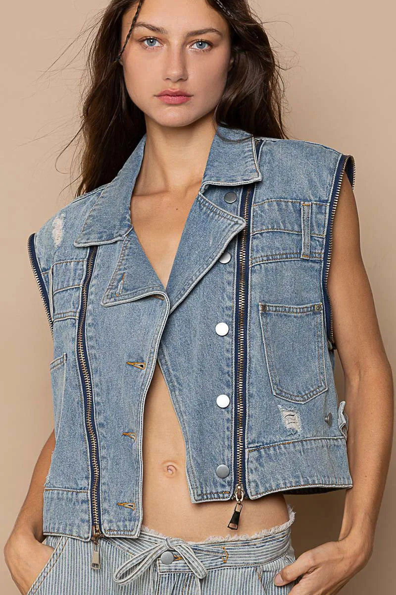 POL Cropped Denim Jacket with Functional Zipper Detail-jacket-Trendsi-[option4]-[option5]-[option6]-[option7]-[option8]-Shop-Boutique-Clothing-for-Women-Online