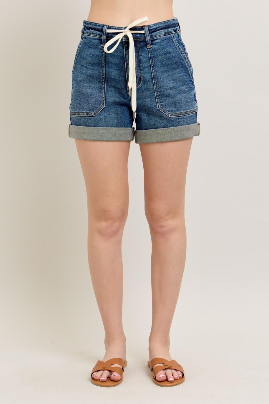 Judy Blue Drawstring High Rise Cuff Denim Shorts-Trendsi-Dark-S-[option4]-[option5]-[option6]-[option7]-[option8]-Shop-Boutique-Clothing-for-Women-Online