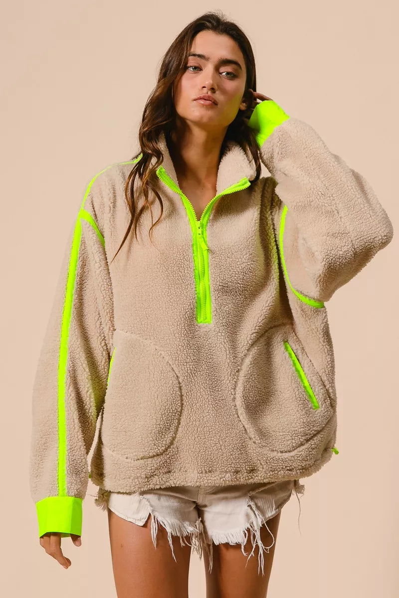 BiBi Contrast Edge Half Zip Up Sherpa Jacket-Jacket-Trendsi-[option4]-[option5]-[option6]-[option7]-[option8]-Shop-Boutique-Clothing-for-Women-Online