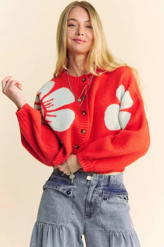 Davi & Dani Flower Contrast Round Neck Long Sleeve Cardigan-cardigan-Trendsi-[option4]-[option5]-[option6]-[option7]-[option8]-Shop-Boutique-Clothing-for-Women-Online