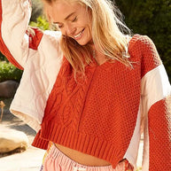 POL Cable Knit Quilting Patch V-Neck Contrast Sweater-Sweaters-Trendsi-[option4]-[option5]-[option6]-[option7]-[option8]-Shop-Boutique-Clothing-for-Women-Online