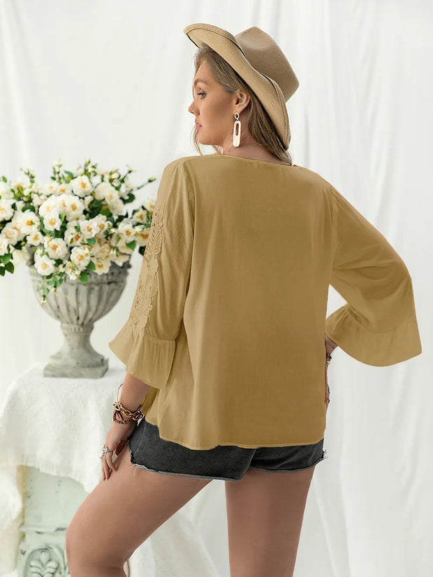 Plus Size Lace Detail V-Neck Flounce Sleeve Blouse-Blouses-Trendsi-[option4]-[option5]-[option6]-[option7]-[option8]-Shop-Boutique-Clothing-for-Women-Online