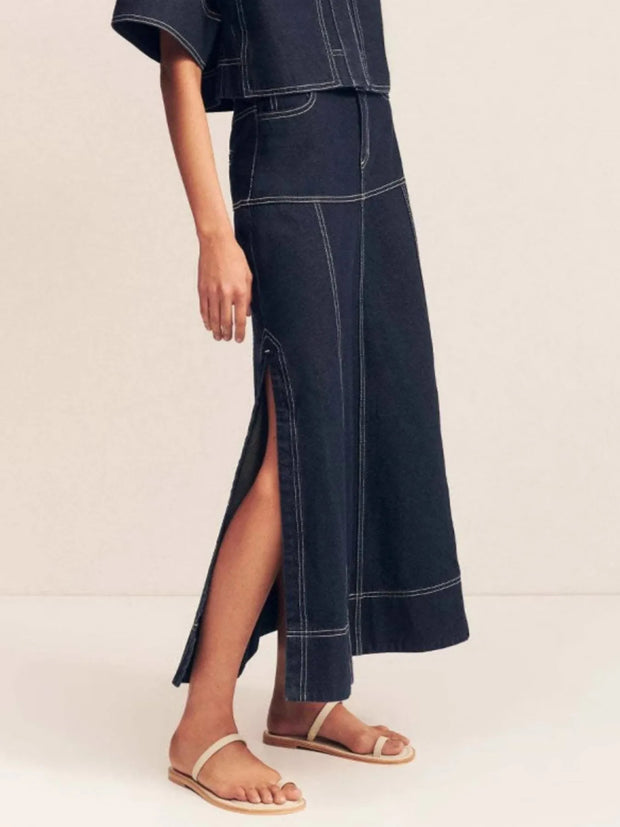 High-Waist Side Slit Contrast Stitch Denim Maxi Skirt-Skirts-Trendsi-Dark-S-[option4]-[option5]-[option6]-[option7]-[option8]-Shop-Boutique-Clothing-for-Women-Online
