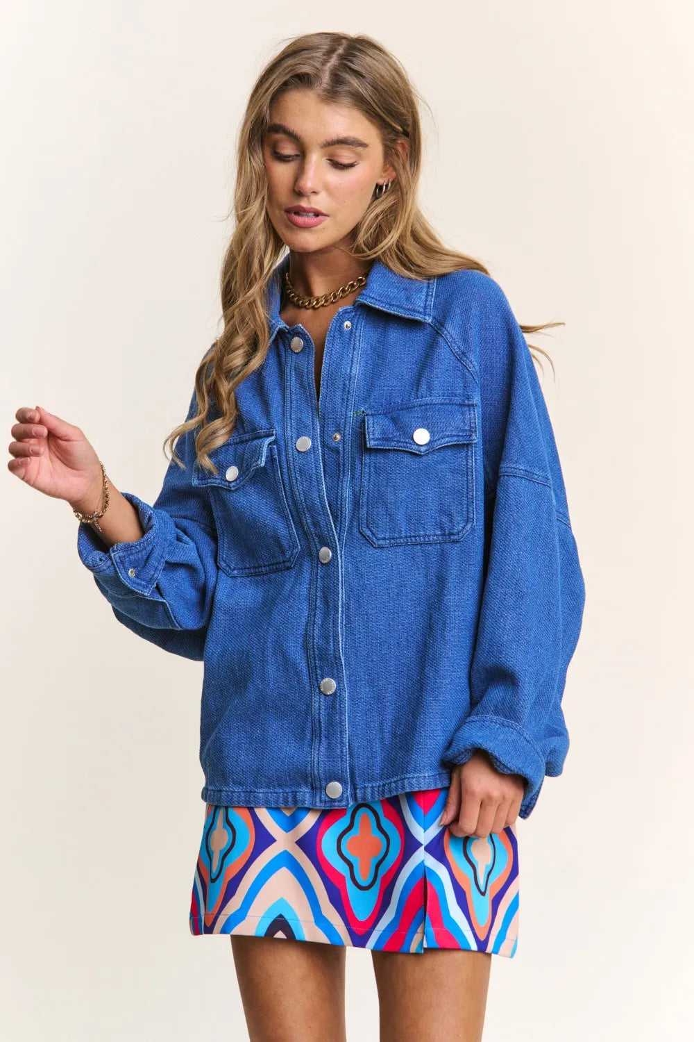 J.NNA Snap Down Long Sleeve Denim Shacket-Womens Outerwear/Shacket-Trendsi-[option4]-[option5]-[option6]-[option7]-[option8]-Shop-Boutique-Clothing-for-Women-Online