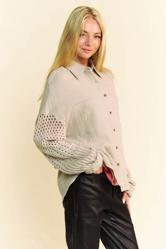 Davi & Dani Crochet Sleeve Crinkled Texture Shirt-Blouses-Trendsi-[option4]-[option5]-[option6]-[option7]-[option8]-Shop-Boutique-Clothing-for-Women-Online