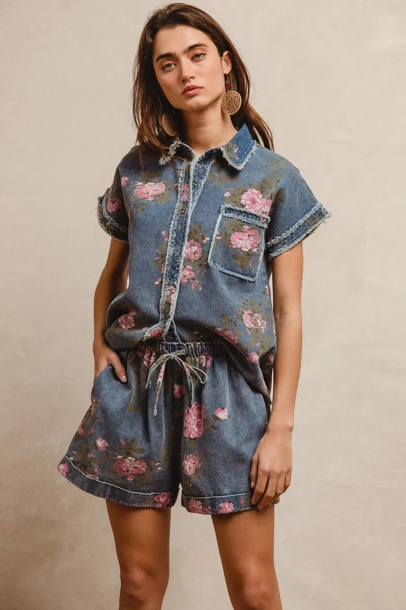 BiBi Floral Printed Denim Short Pants With Pocket-Shorts-Trendsi-[option4]-[option5]-[option6]-[option7]-[option8]-Shop-Boutique-Clothing-for-Women-Online