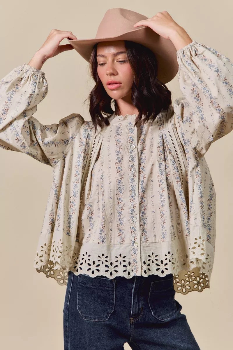 SO ME Floral Print Lace Button Down Shirt-Blouses-Trendsi-[option4]-[option5]-[option6]-[option7]-[option8]-Shop-Boutique-Clothing-for-Women-Online