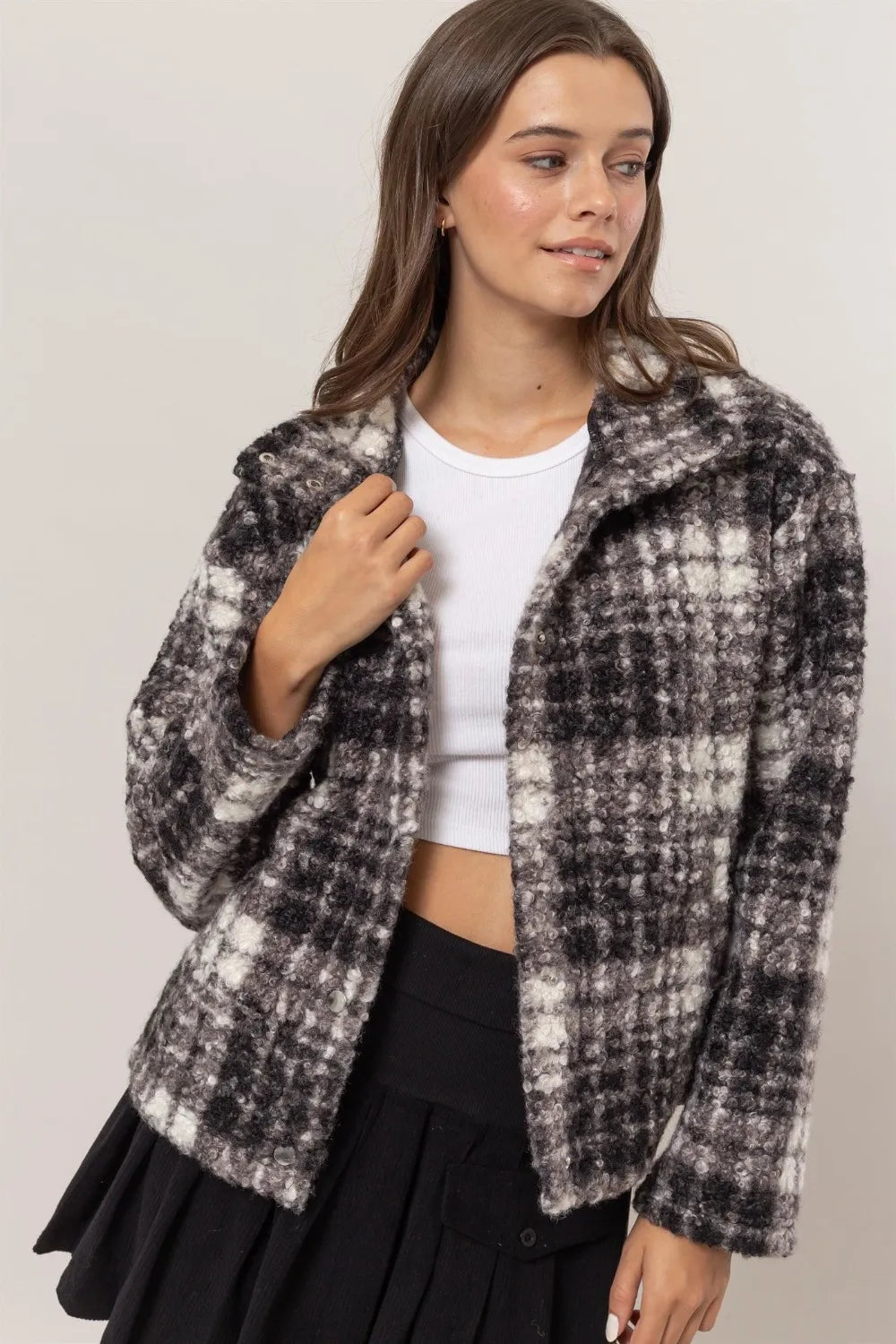 HYFVE Plaid Collared Neck Boucle Jacket with Pockets-Jacket-Trendsi-Black-S-[option4]-[option5]-[option6]-[option7]-[option8]-Shop-Boutique-Clothing-for-Women-Online