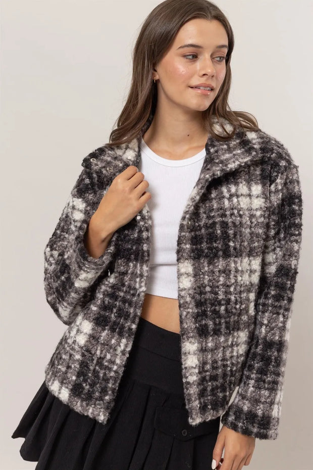 HYFVE Plaid Collared Neck Boucle Jacket with Pockets-Jacket-Trendsi-Black-S-[option4]-[option5]-[option6]-[option7]-[option8]-Shop-Boutique-Clothing-for-Women-Online