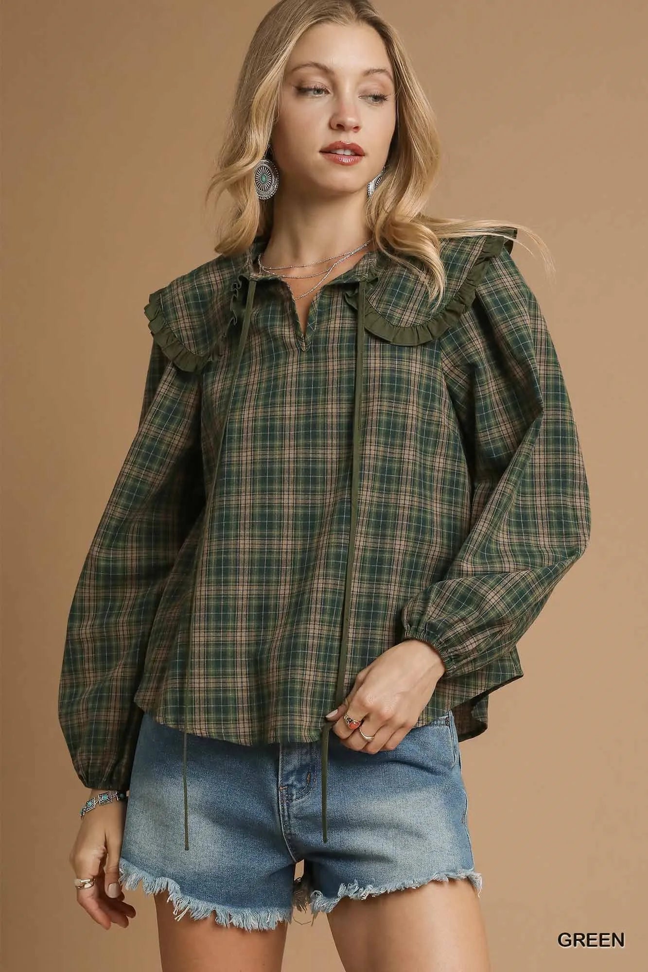 Umgee Full Size Plaid Ruffle Collar Blouse-Blouses-Trendsi-[option4]-[option5]-[option6]-[option7]-[option8]-Shop-Boutique-Clothing-for-Women-Online