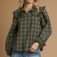Umgee Full Size Plaid Ruffle Collar Blouse-Blouses-Trendsi-[option4]-[option5]-[option6]-[option7]-[option8]-Shop-Boutique-Clothing-for-Women-Online