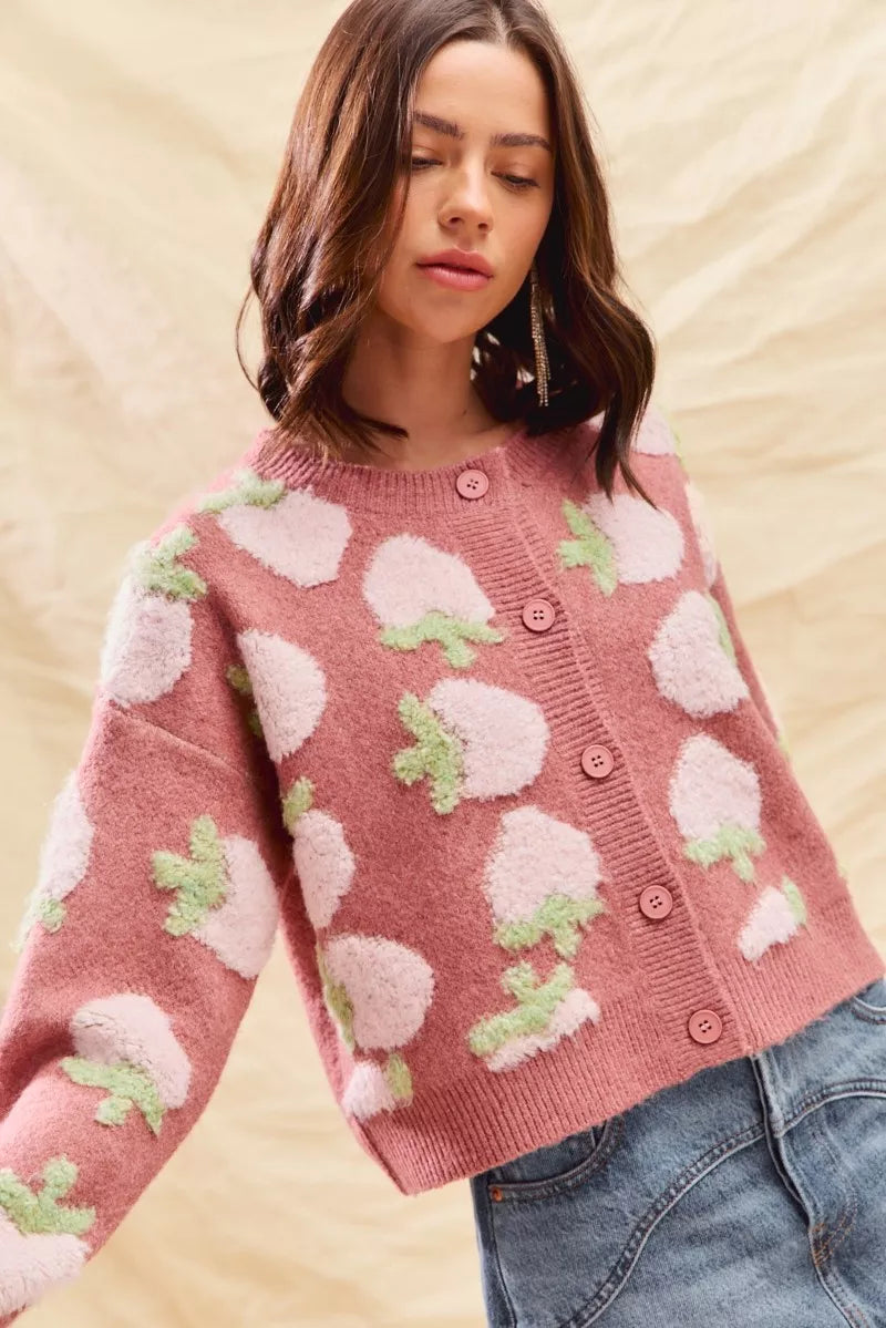 SO ME Strawberry Fruit All Over Button Sweater Cardigan-Cardigan-Trendsi-[option4]-[option5]-[option6]-[option7]-[option8]-Shop-Boutique-Clothing-for-Women-Online