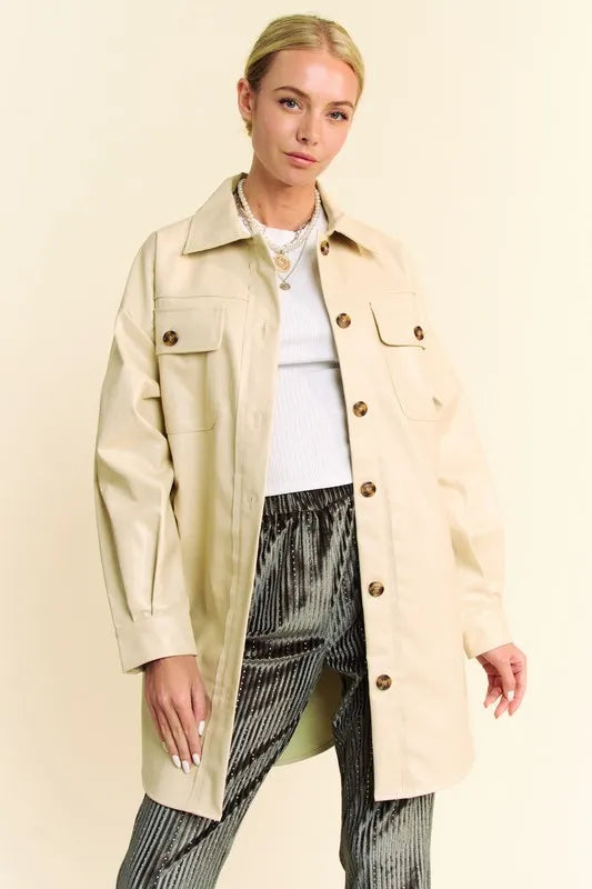 Davi & Dani Faux Leather Button Up Jacket with Chest Pockets-Jackets-Trendsi-BEIGE-S-[option4]-[option5]-[option6]-[option7]-[option8]-Shop-Boutique-Clothing-for-Women-Online