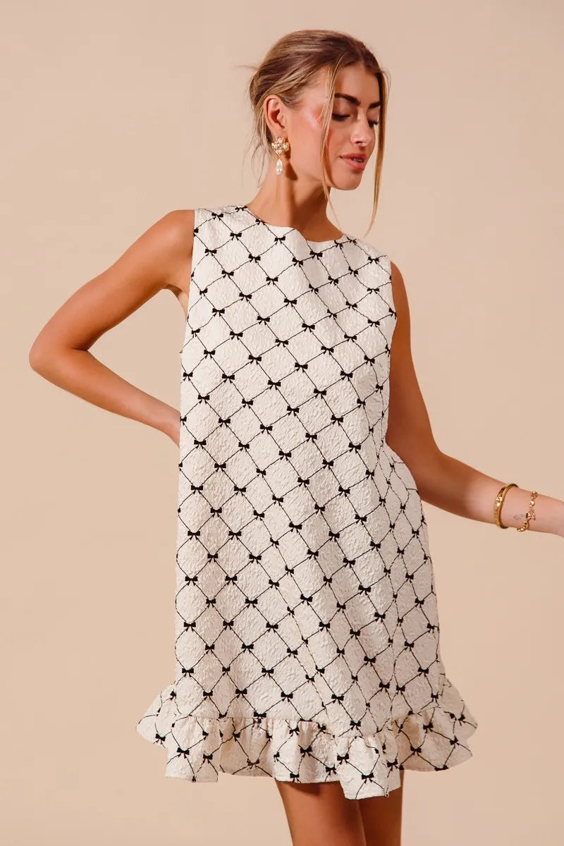 SO ME Texture Bow Printed Mini Ruffle Dress-Dresses-Trendsi-IVORY-S-[option4]-[option5]-[option6]-[option7]-[option8]-Shop-Boutique-Clothing-for-Women-Online