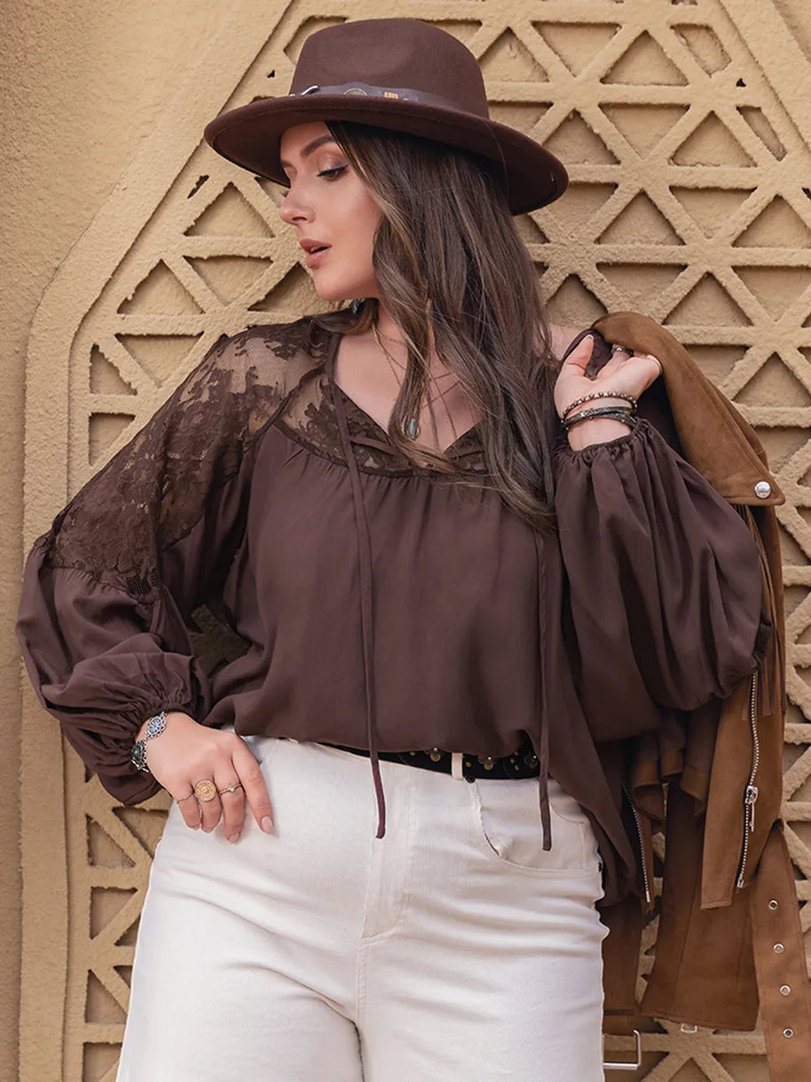 Plus Size Lace Detail Tie Neck Long Sleeve Blouse-Blouses-Trendsi-[option4]-[option5]-[option6]-[option7]-[option8]-Shop-Boutique-Clothing-for-Women-Online