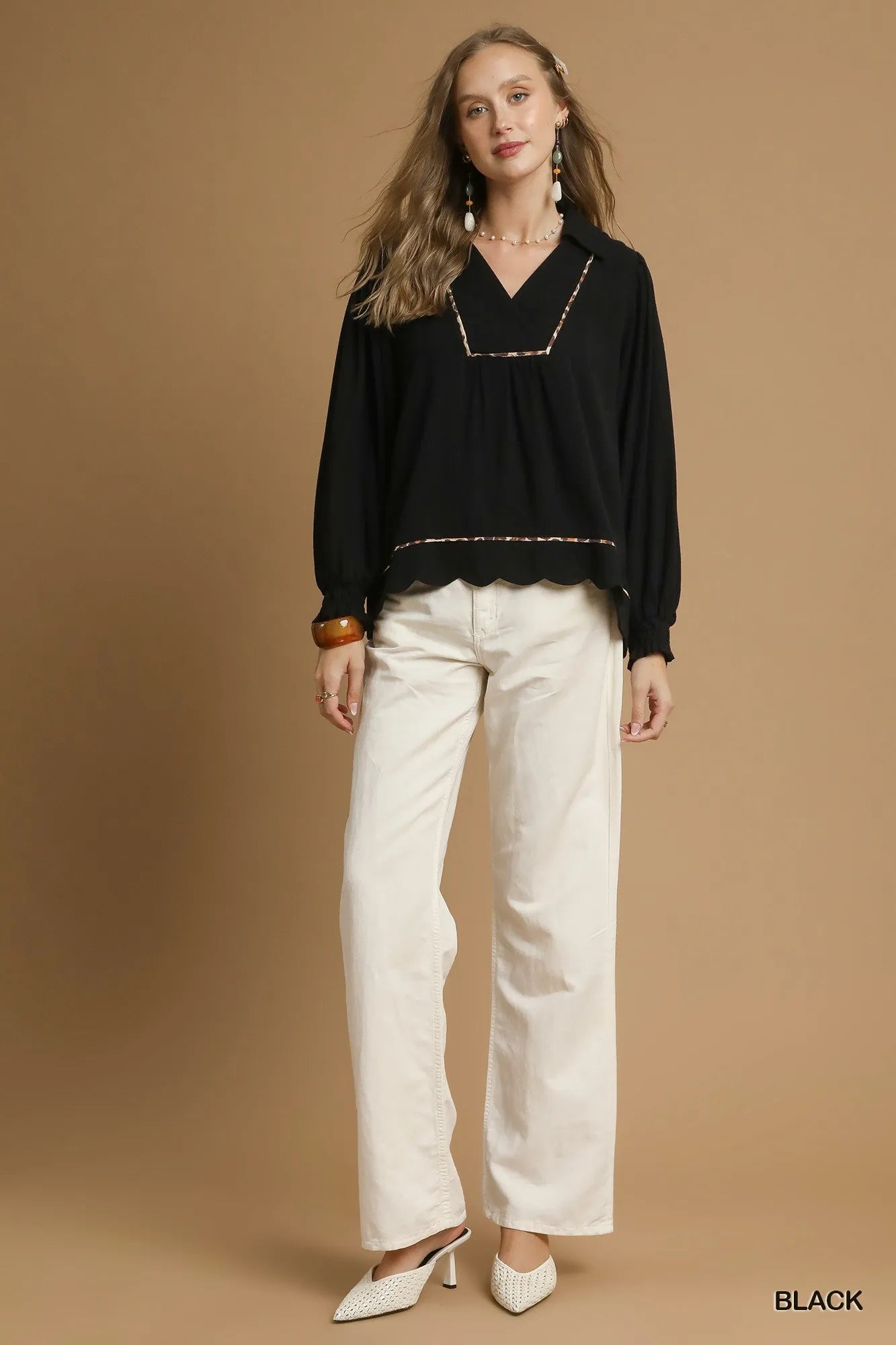 Linen Scallop Hem Blouse with Contrast Trim-Blouses-Trendsi-[option4]-[option5]-[option6]-[option7]-[option8]-Shop-Boutique-Clothing-for-Women-Online