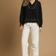 Linen Scallop Hem Blouse with Contrast Trim-Blouses-Trendsi-[option4]-[option5]-[option6]-[option7]-[option8]-Shop-Boutique-Clothing-for-Women-Online