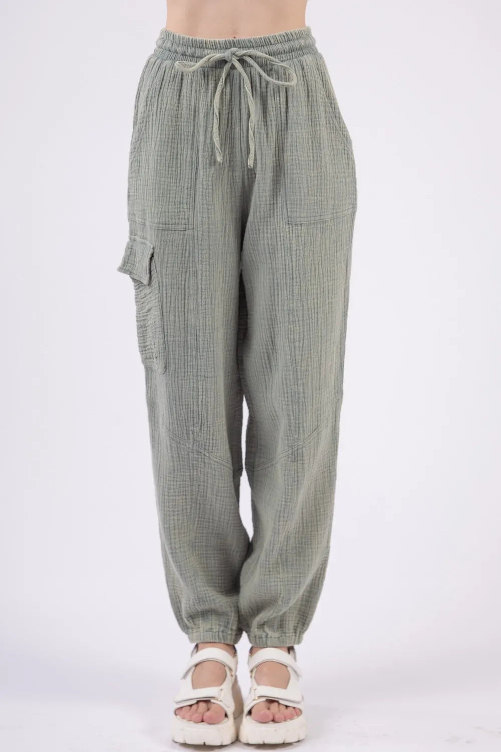 VERY J Washed Woven Crinkle Gauze Drawstring Pants-pants-Trendsi-Sage-S-[option4]-[option5]-[option6]-[option7]-[option8]-Shop-Boutique-Clothing-for-Women-Online