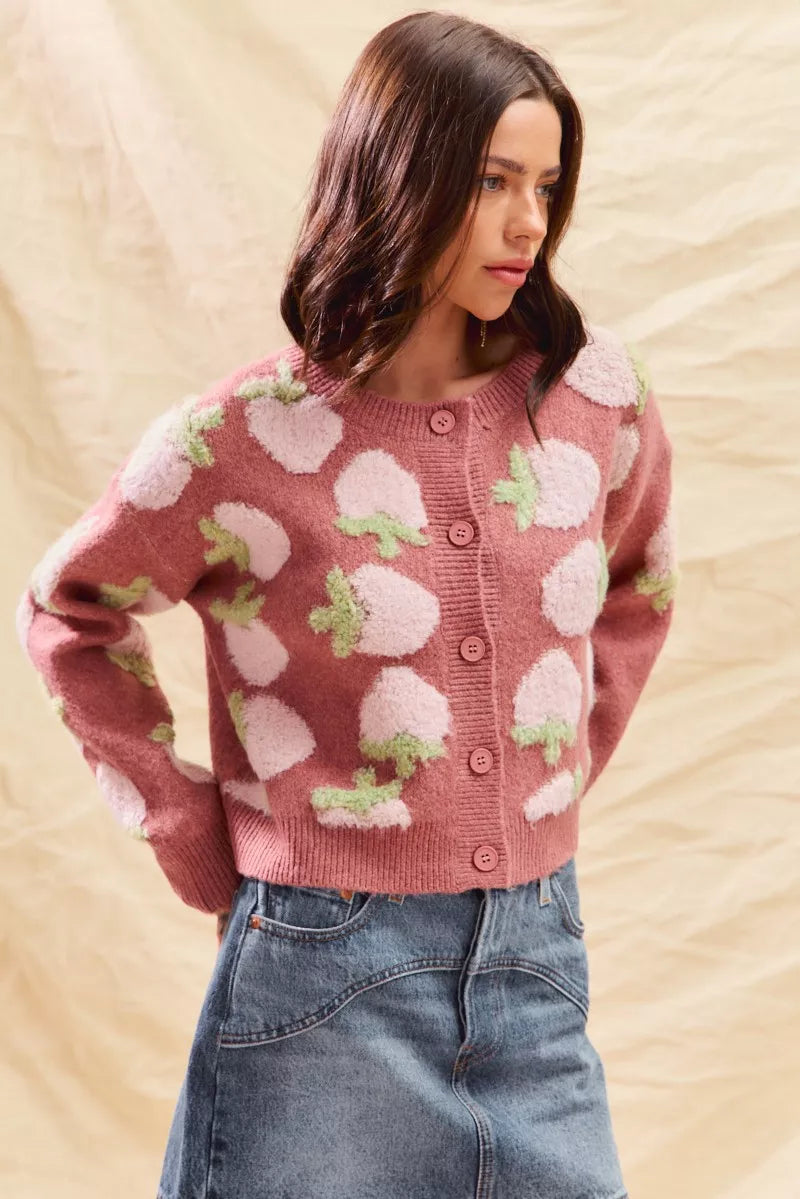 SO ME Strawberry Fruit All Over Button Sweater Cardigan-Cardigan-Trendsi-[option4]-[option5]-[option6]-[option7]-[option8]-Shop-Boutique-Clothing-for-Women-Online