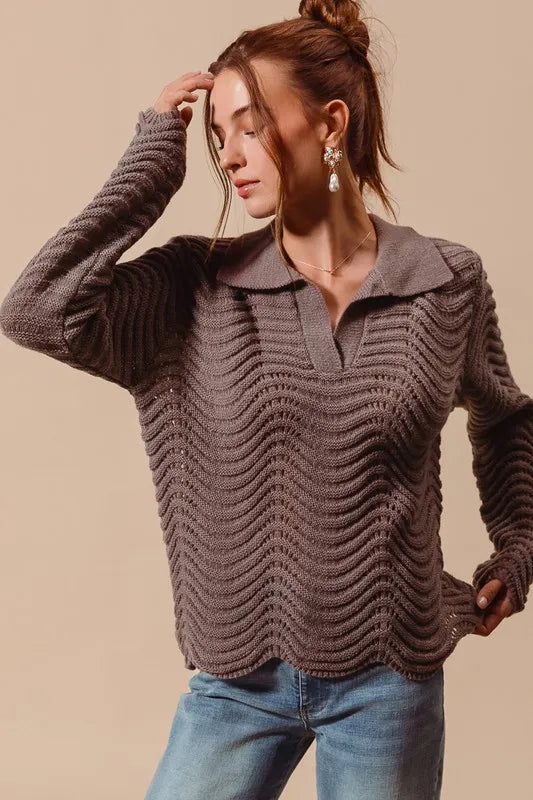 SO ME Notched Collar Wavy Texture Sweater Top-Sweaters-Trendsi-[option4]-[option5]-[option6]-[option7]-[option8]-Shop-Boutique-Clothing-for-Women-Online