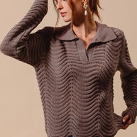 SO ME Notched Collar Wavy Texture Sweater Top-Sweaters-Trendsi-[option4]-[option5]-[option6]-[option7]-[option8]-Shop-Boutique-Clothing-for-Women-Online