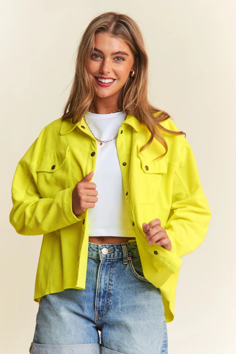 J.NNA Snap Down Long Sleeve High Low Shacket-Jackets-Trendsi-Chartreuse-S-[option4]-[option5]-[option6]-[option7]-[option8]-Shop-Boutique-Clothing-for-Women-Online