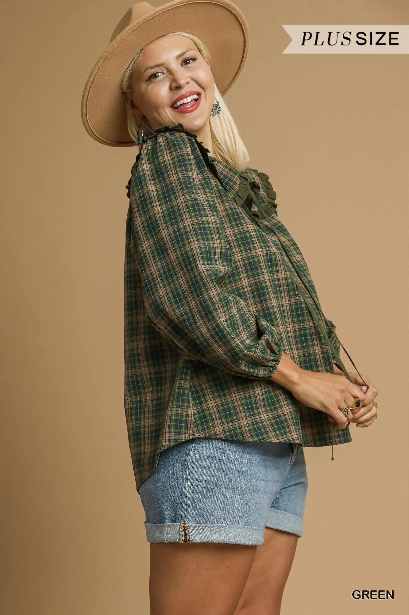 Umgee Full Size Plaid Ruffle Collar Blouse-Blouses-Trendsi-[option4]-[option5]-[option6]-[option7]-[option8]-Shop-Boutique-Clothing-for-Women-Online