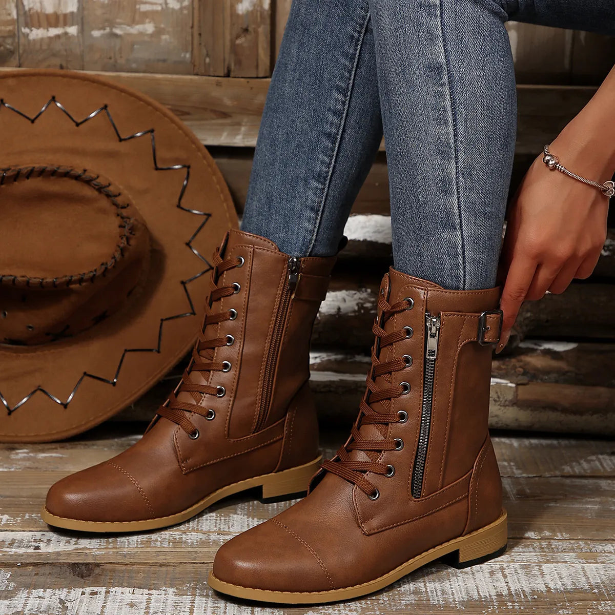 Round Toe Lace Up Block Heels Boots-110 Fashion Boots-Trendsi-Brown-36-[option4]-[option5]-[option6]-[option7]-[option8]-Shop-Boutique-Clothing-for-Women-Online