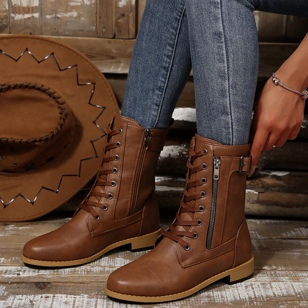 Round Toe Lace Up Block Heels Boots-110 Fashion Boots-Trendsi-Brown-36-[option4]-[option5]-[option6]-[option7]-[option8]-Shop-Boutique-Clothing-for-Women-Online