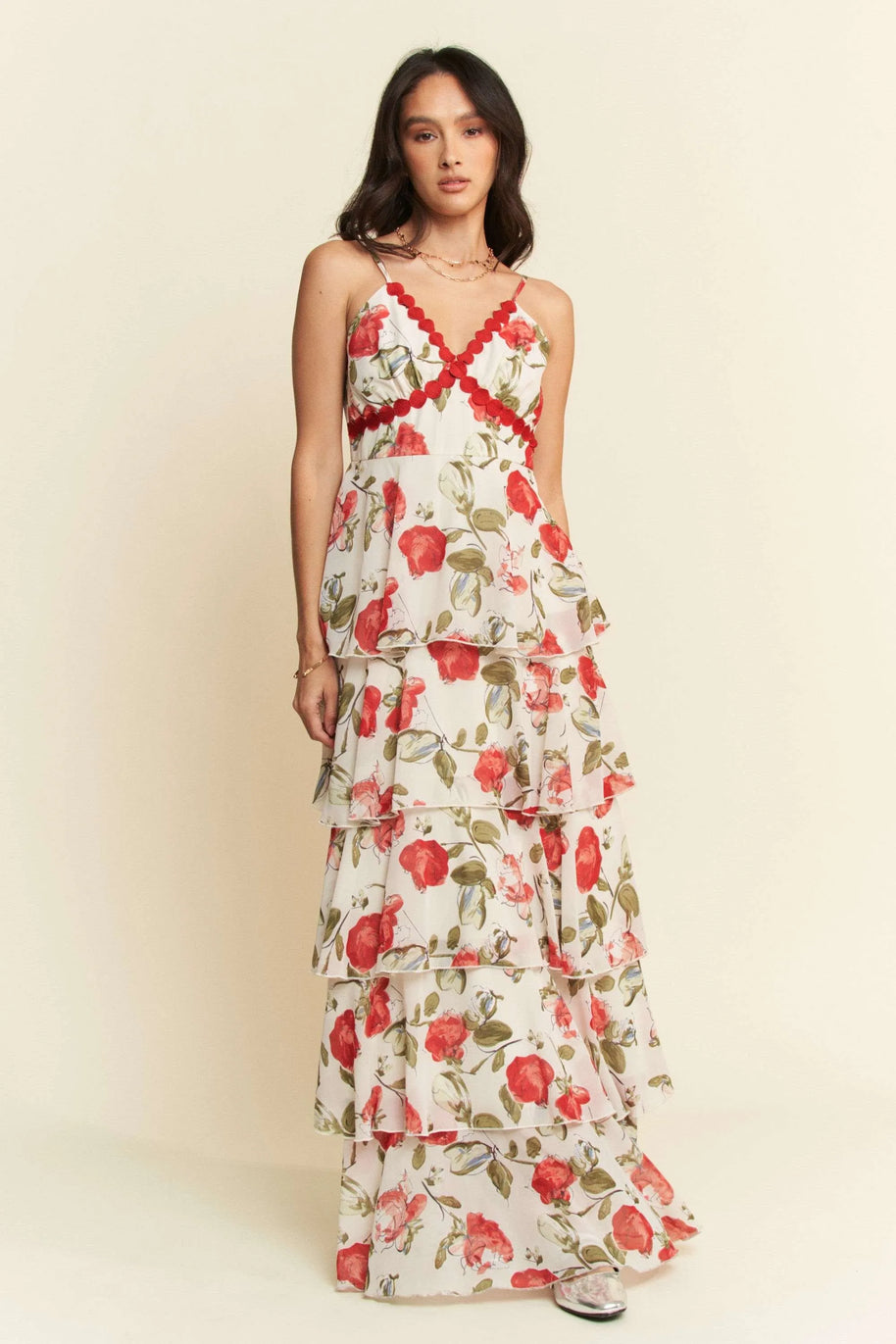 Davi & Dani Contrast Ring Lace Layered Ruffle Maxi Cami Dress-Dresses-Trendsi-IVORY RED-S-[option4]-[option5]-[option6]-[option7]-[option8]-Shop-Boutique-Clothing-for-Women-Online