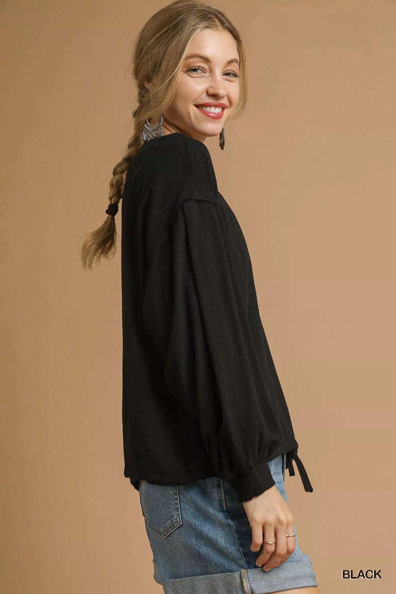 Umgee Full Size Linen Long Sleeve Top with Drawstring-Blouses-Trendsi-[option4]-[option5]-[option6]-[option7]-[option8]-Shop-Boutique-Clothing-for-Women-Online