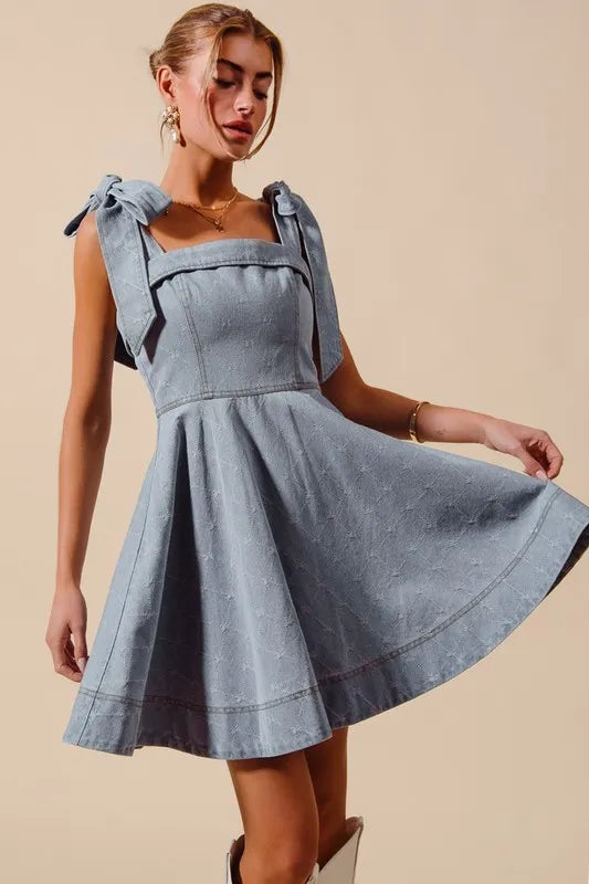 SO ME A Line Fit and Flare Diamond Bow Ribbon Denim Dres-Dresses-Trendsi-LT DENIM-S-[option4]-[option5]-[option6]-[option7]-[option8]-Shop-Boutique-Clothing-for-Women-Online