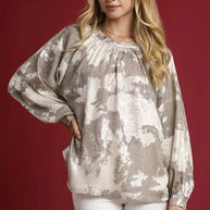 Umgee Full Size Metallic Fabric Blouse with Balloon Sleeves-Blouses-Trendsi-TAUPE-S-[option4]-[option5]-[option6]-[option7]-[option8]-Shop-Boutique-Clothing-for-Women-Online