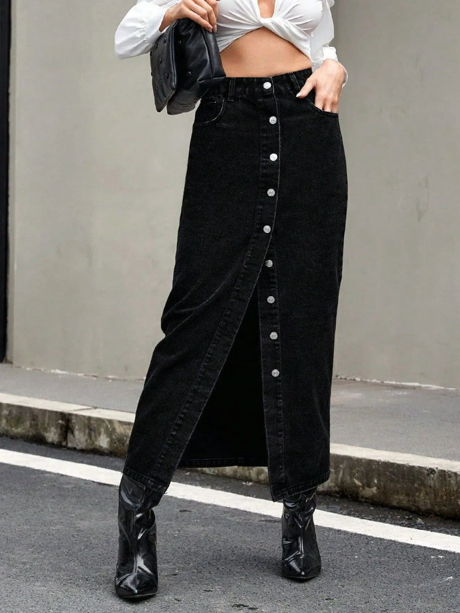 Button Front Denim Skirt-Skirts-Trendsi-[option4]-[option5]-[option6]-[option7]-[option8]-Shop-Boutique-Clothing-for-Women-Online