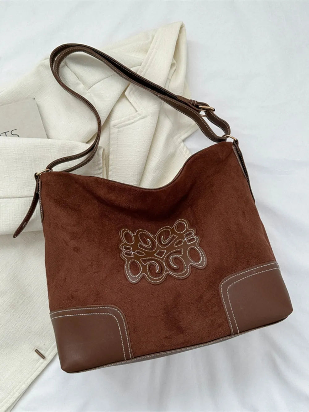 Suede Patch Adjustable Strap Tote Bag-Bags-Trendsi-Dark Brown-One Size-[option4]-[option5]-[option6]-[option7]-[option8]-Shop-Boutique-Clothing-for-Women-Online