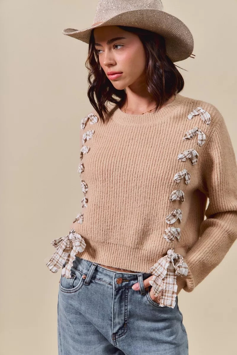 SO ME Checkered Plaid Tape Lace Up Ribbed Sweater-Sweaters-Trendsi-[option4]-[option5]-[option6]-[option7]-[option8]-Shop-Boutique-Clothing-for-Women-Online