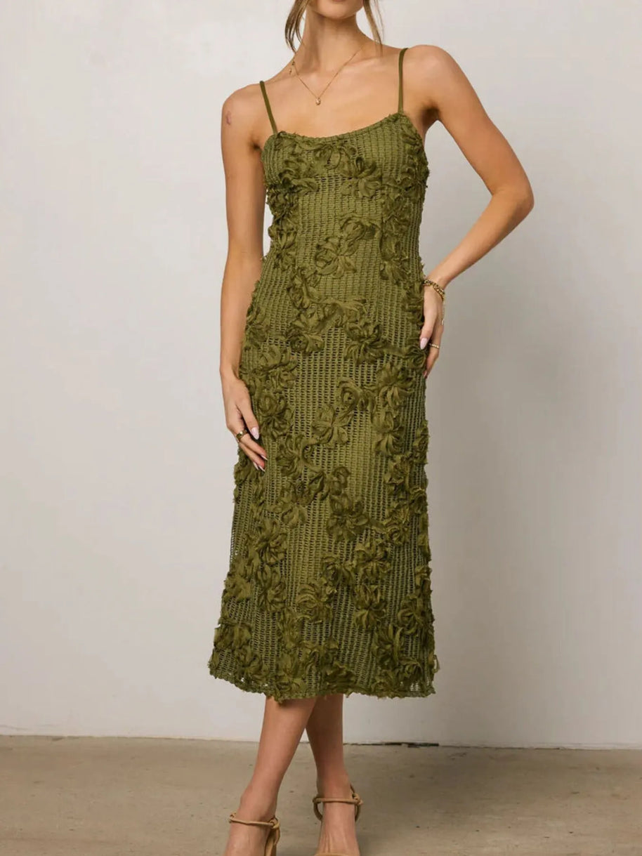 Flower Textured Midi Cami Dress-Dresses-Trendsi-Olive-S-[option4]-[option5]-[option6]-[option7]-[option8]-Shop-Boutique-Clothing-for-Women-Online