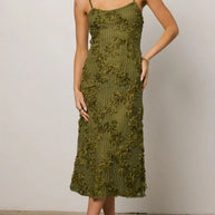Flower Textured Midi Cami Dress-Dresses-Trendsi-Olive-S-[option4]-[option5]-[option6]-[option7]-[option8]-Shop-Boutique-Clothing-for-Women-Online