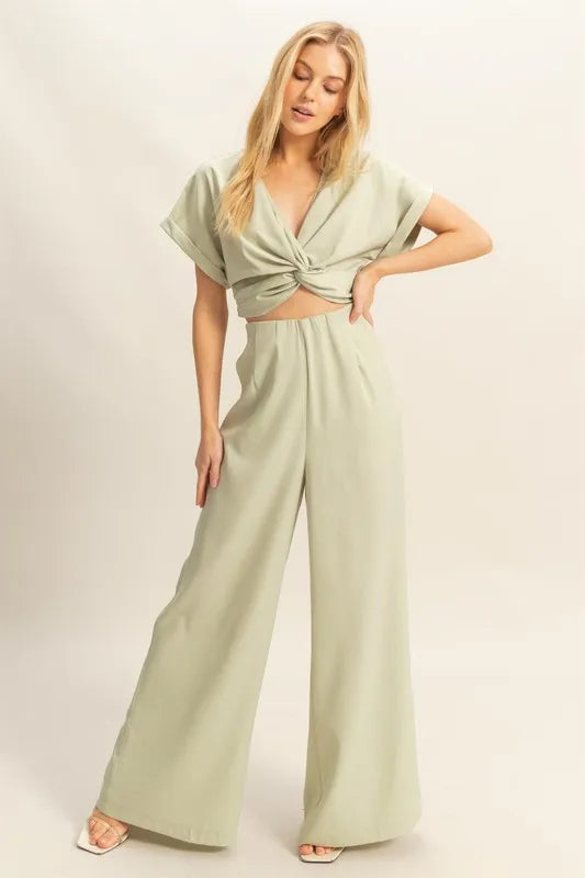 HYFVE Twisted Front Short Sleeve Top and Wide Leg Pants Set-Sets-Trendsi-Sage-S-[option4]-[option5]-[option6]-[option7]-[option8]-Shop-Boutique-Clothing-for-Women-Online