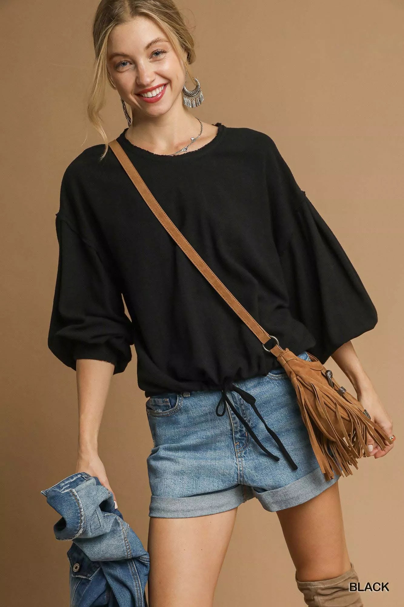Umgee Full Size Linen Long Sleeve Top with Drawstring-Blouses-Trendsi-[option4]-[option5]-[option6]-[option7]-[option8]-Shop-Boutique-Clothing-for-Women-Online