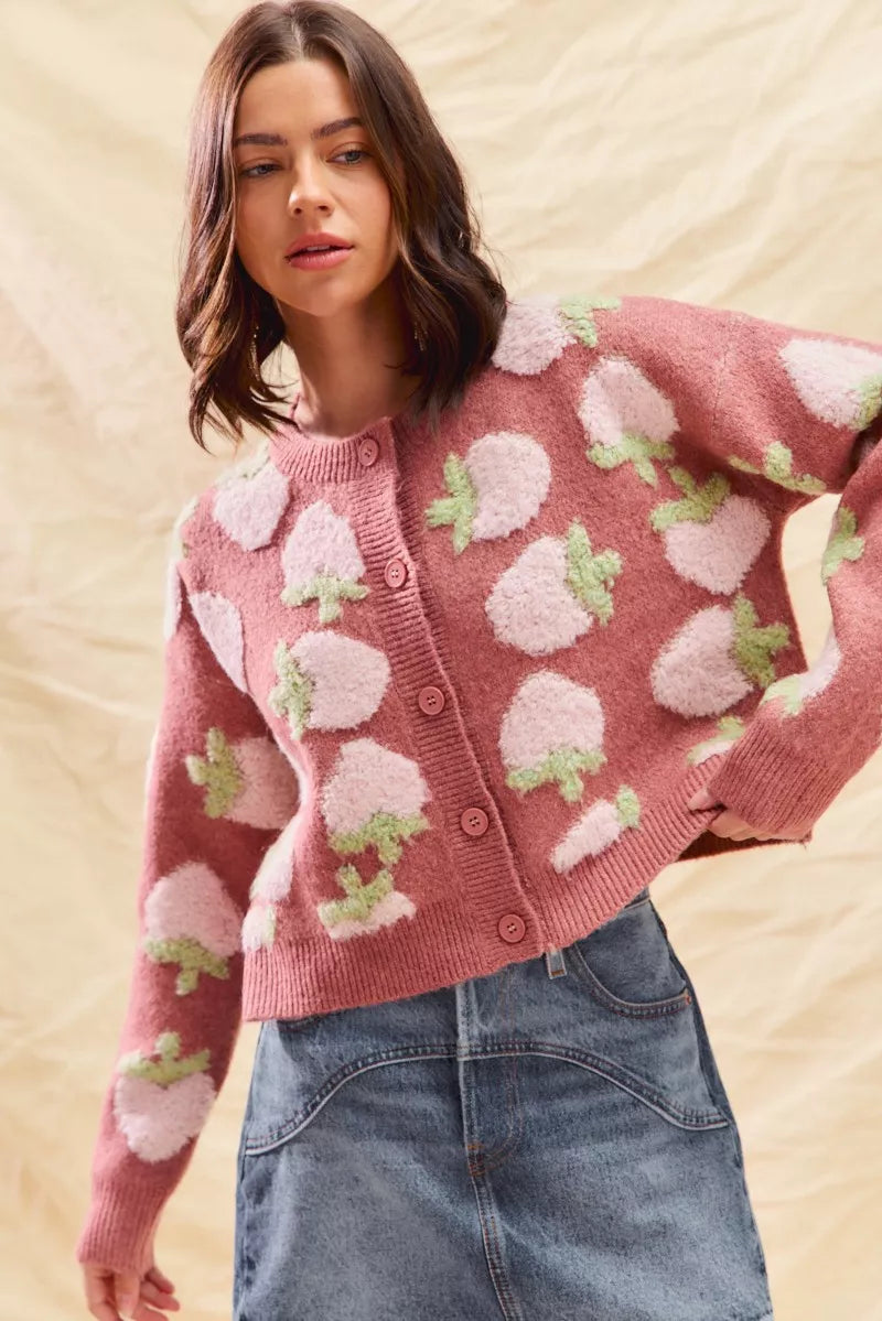 SO ME Strawberry Fruit All Over Button Sweater Cardigan-Cardigan-Trendsi-[option4]-[option5]-[option6]-[option7]-[option8]-Shop-Boutique-Clothing-for-Women-Online