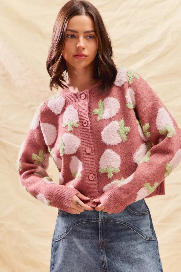 SO ME Strawberry Fruit All Over Button Sweater Cardigan-Cardigan-Trendsi-MARSALA-S-[option4]-[option5]-[option6]-[option7]-[option8]-Shop-Boutique-Clothing-for-Women-Online