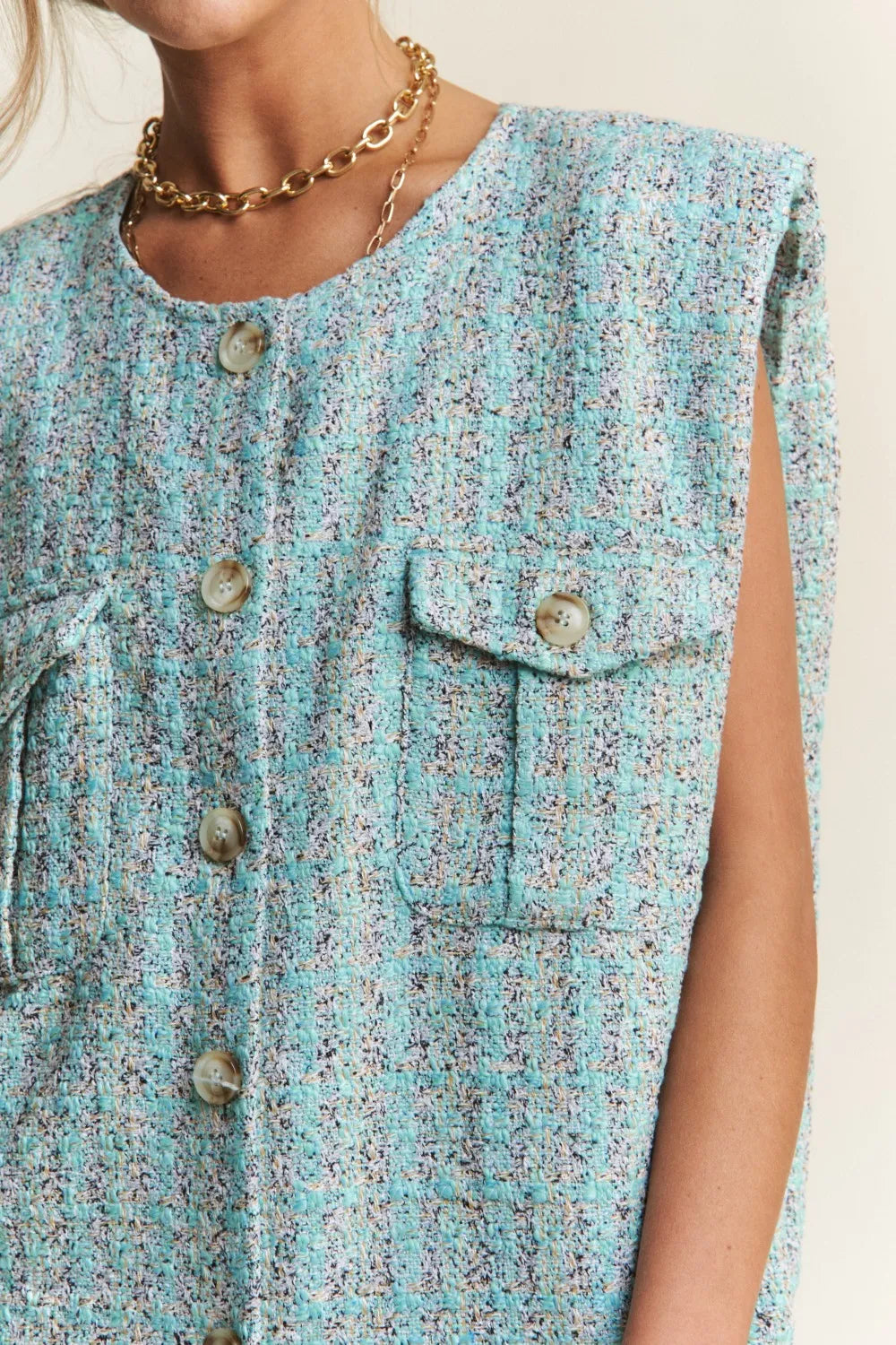 J.NNA Frayed Tweed Padded Shoulder Vest-Vest-Trendsi-[option4]-[option5]-[option6]-[option7]-[option8]-Shop-Boutique-Clothing-for-Women-Online